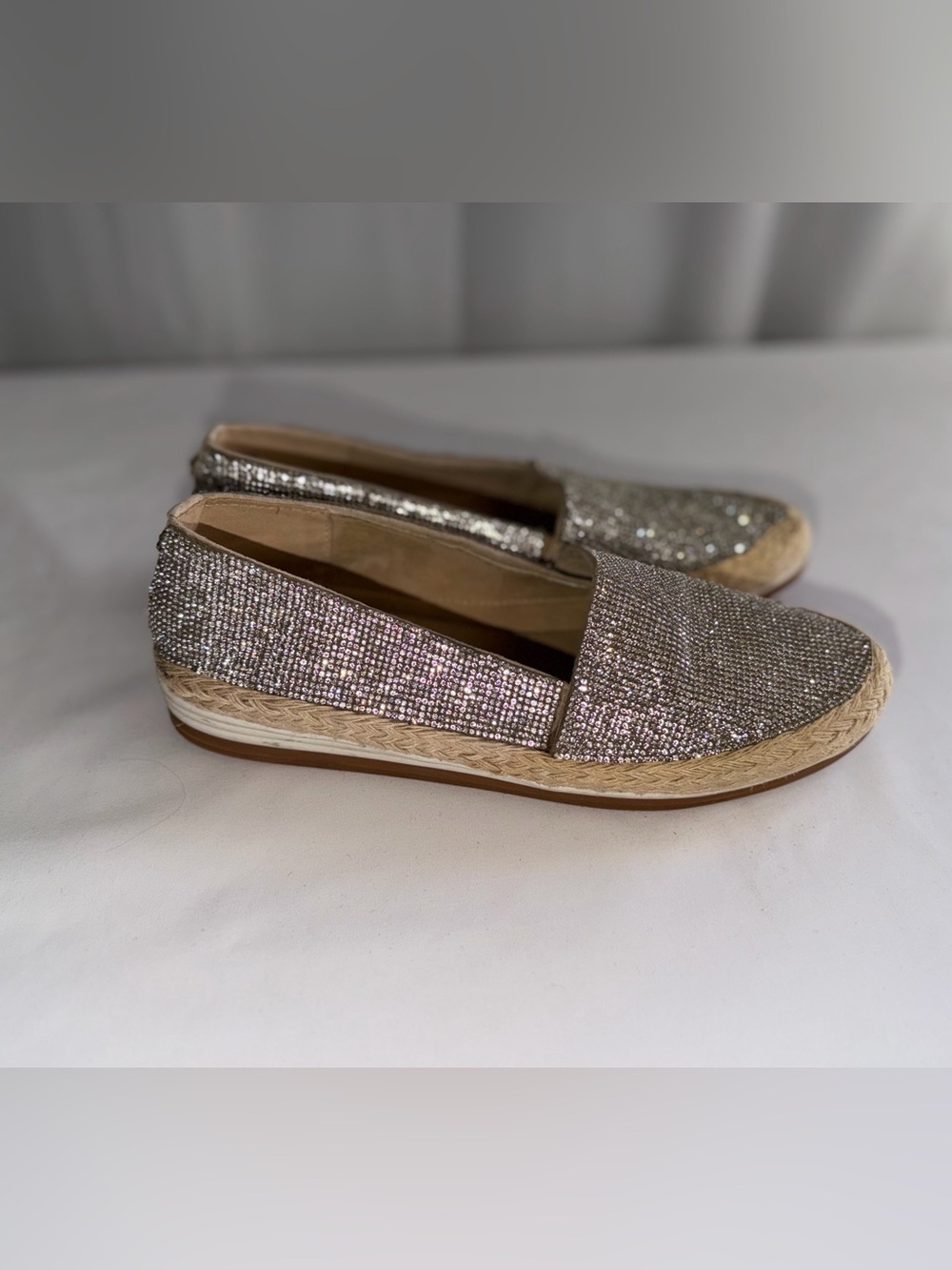 Anne Klein Silver Rhinestone Espadrille Slip-Ons